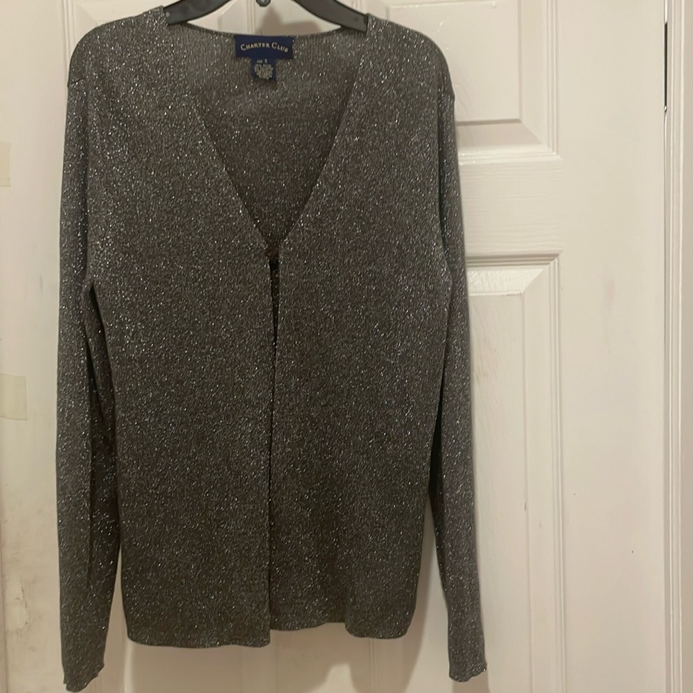 CHARTER CLUB HCLIDAY BLACK CARDIGAN SHIMMER METALLIC THREAD.